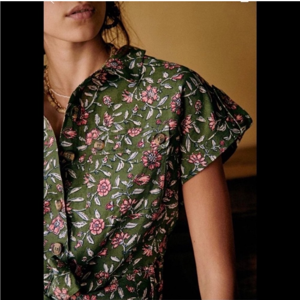 Sezane Olive Green Floral Short Jumpsuit with Pink Accents - Picture 4 of 8